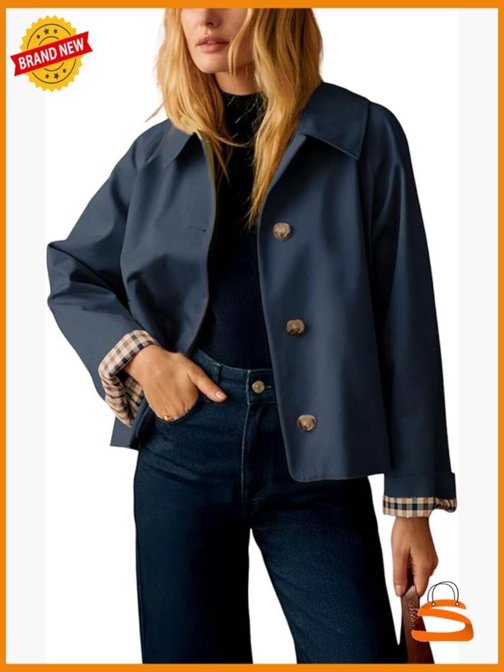 Oversize Trench Coat Plaid Lining Lapel Button Down Crop Jacket